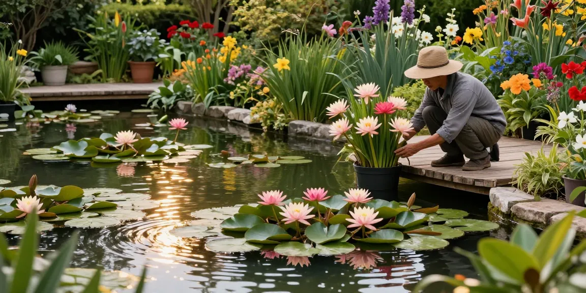 Buy Water Lilies in a serene garden pond with vibrant blooms and a gardener tending to the plants.