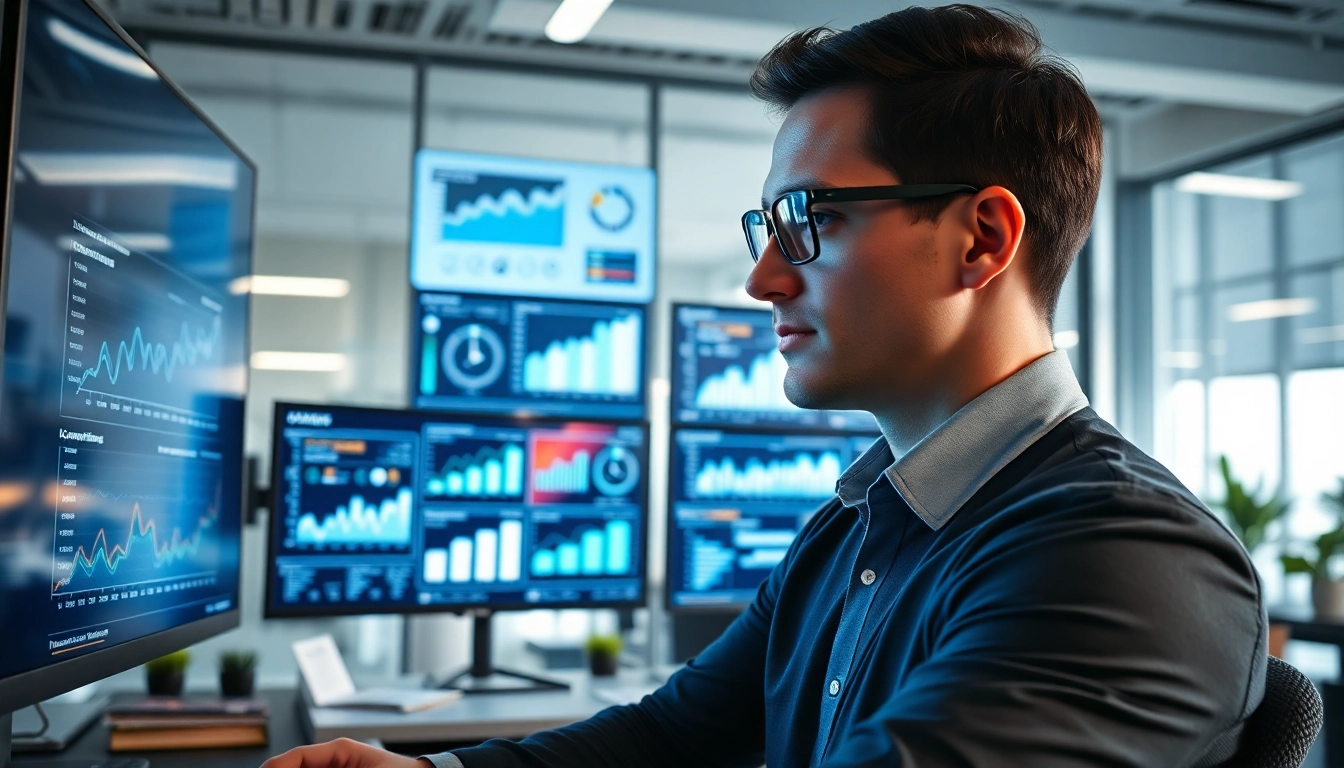 Analyze AI for competitor analysis trends with a data-savvy professional in a high-tech office.