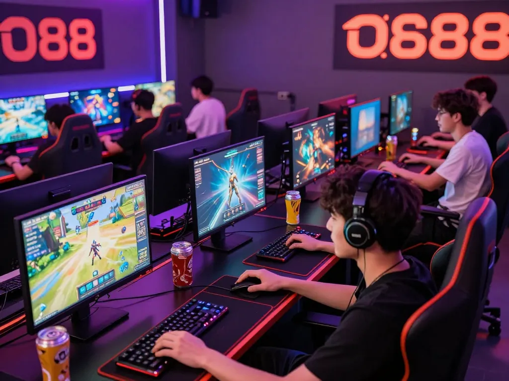 Engaged gamers enjoying online games with mantra88 branding and vibrant setup.