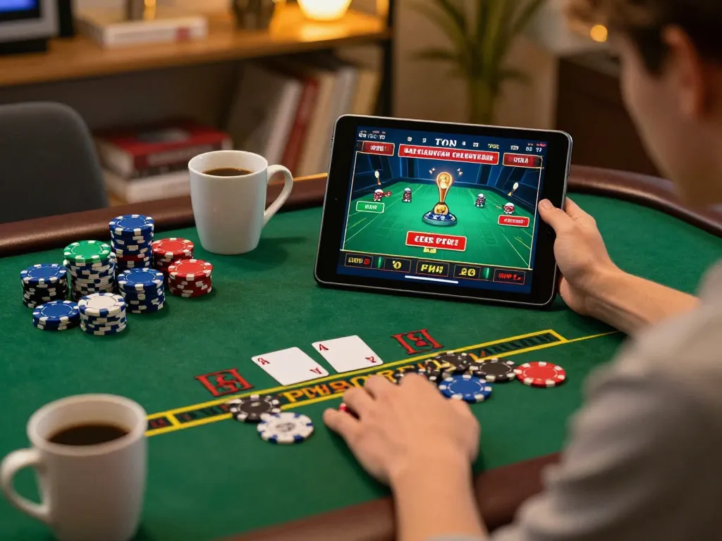 Player enjoying blackjack on VN789 mobile app in a cozy home setting.