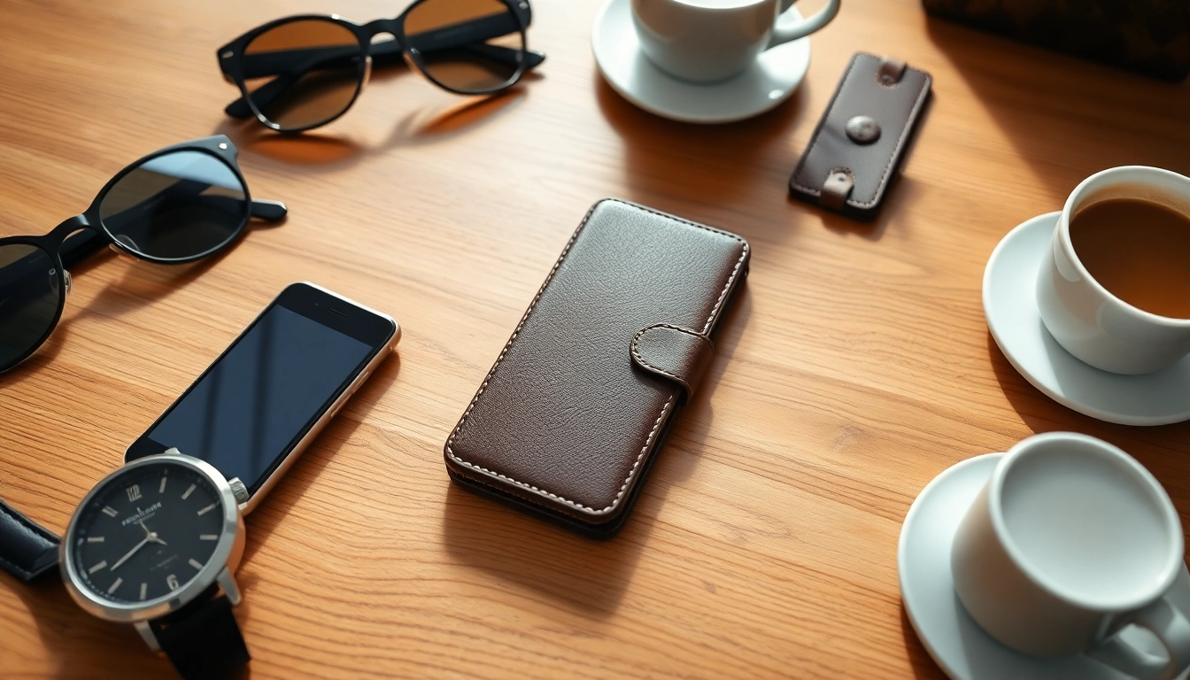 Handytasche Magnetverschluss auf einem Holztablett mit stilvollen Accessoires präsentiert.
