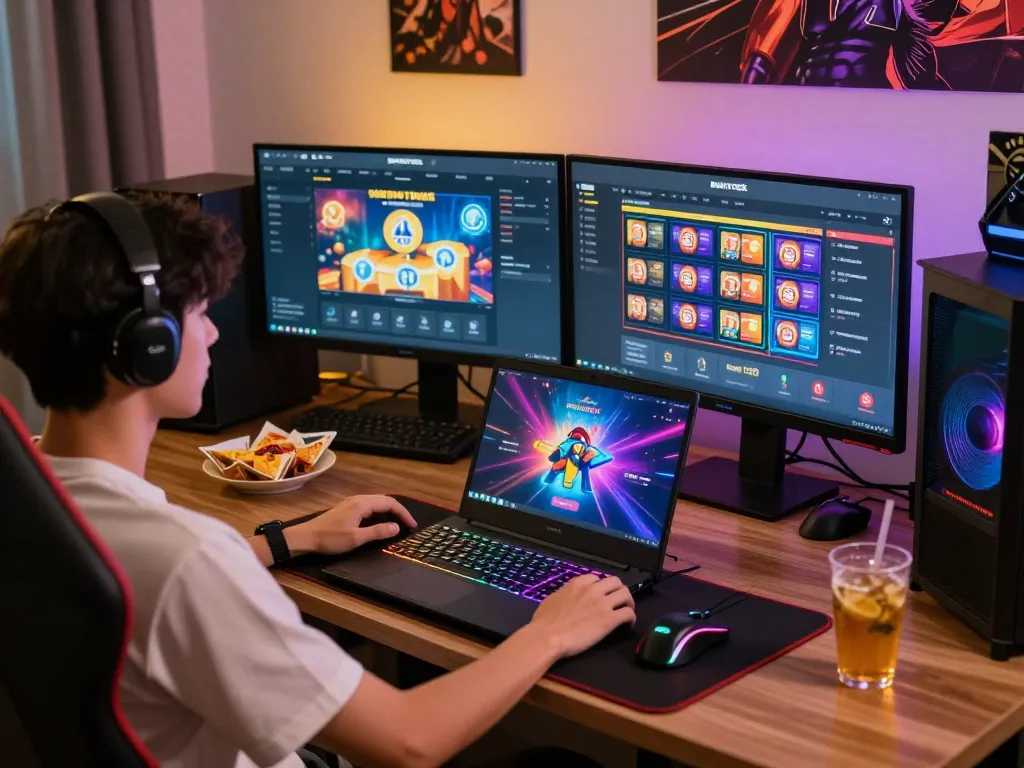 BANTAITOGEL online gaming scene with user engaged in Toto Togel and slot games in vibrant atmosphere.