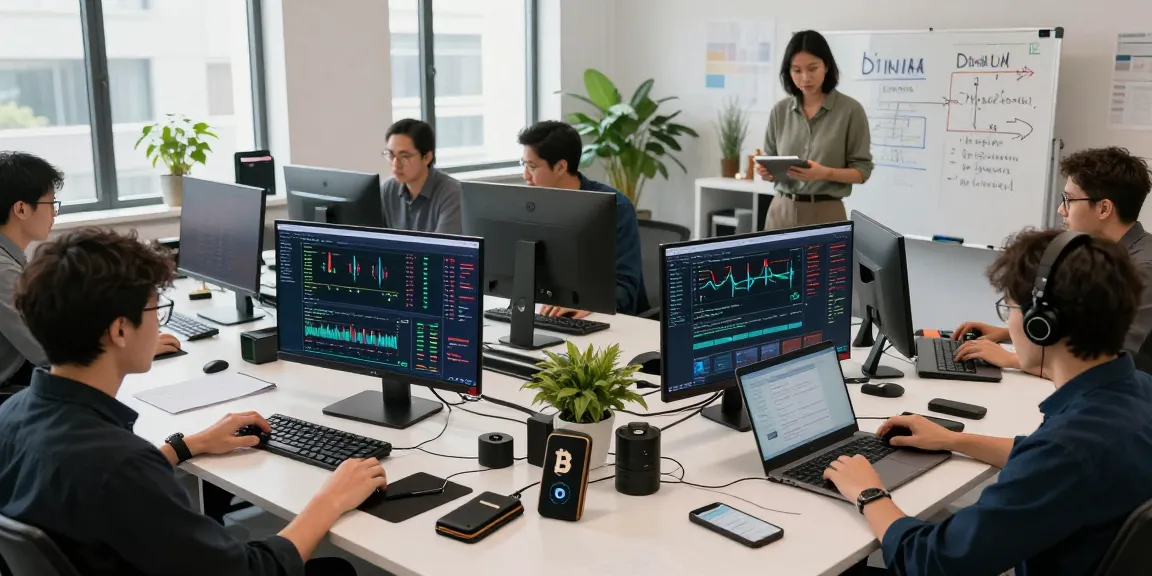 bitcoin mining contract displayed on screens in a vibrant trading workspace with professionals analyzing cryptocurrency data and managing digital wallets.