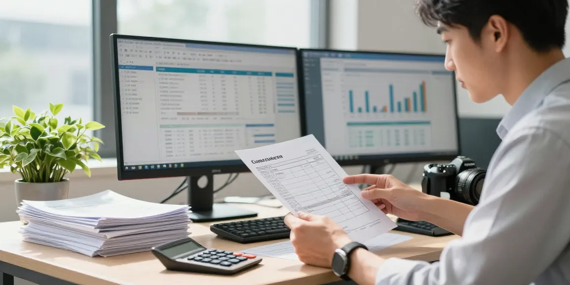Detect fake invoices in a professional office setting, with a business expert analyzing documents.
