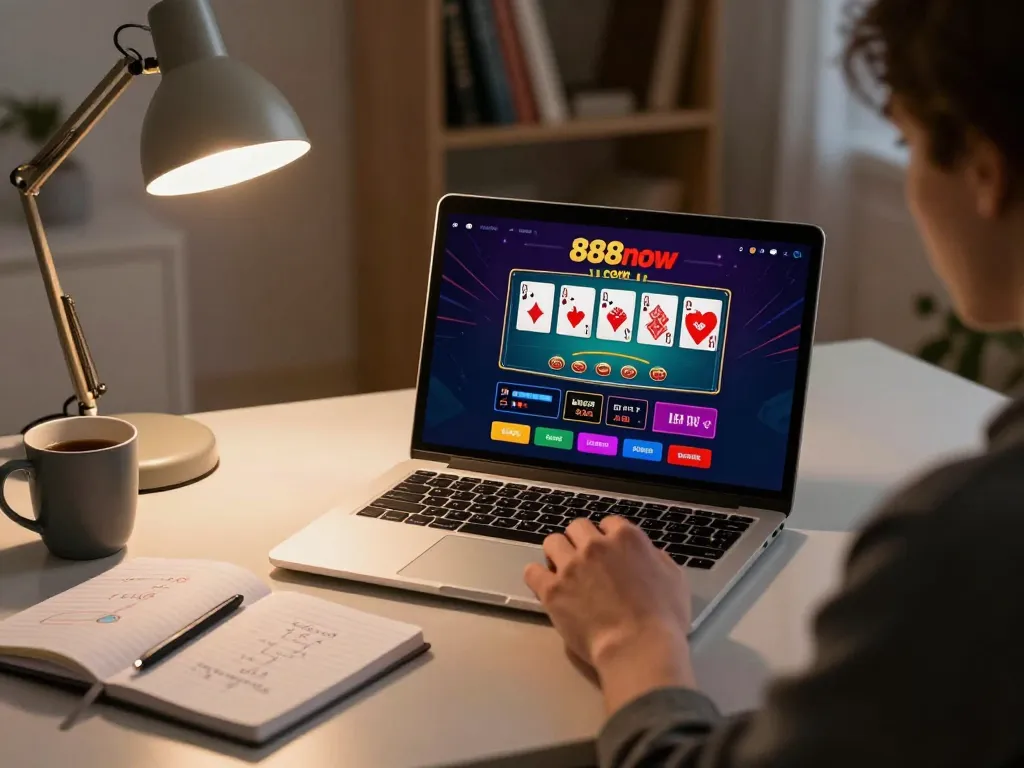 Player engaging with the 888now com online casino app from a cozy desk setup.