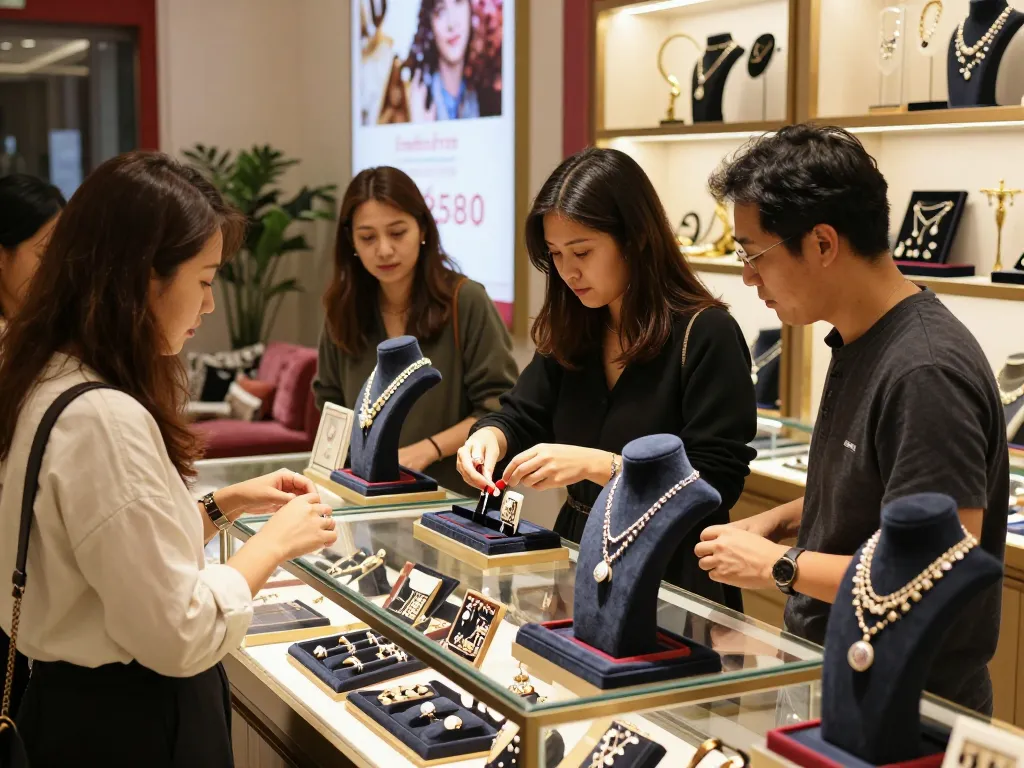 A warm jewelry store scene showcasing handcrafted pieces, inviting customers to explore our site.