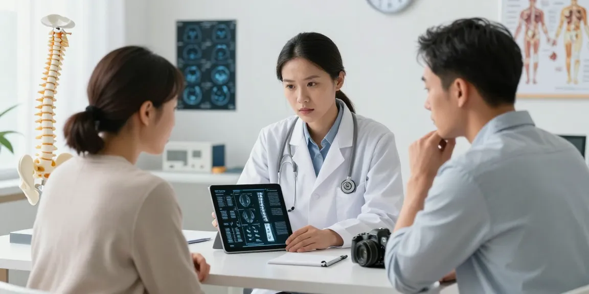 Consultation for bel fıtığı ameliyatı between a doctor and patient in a modern healthcare setting.