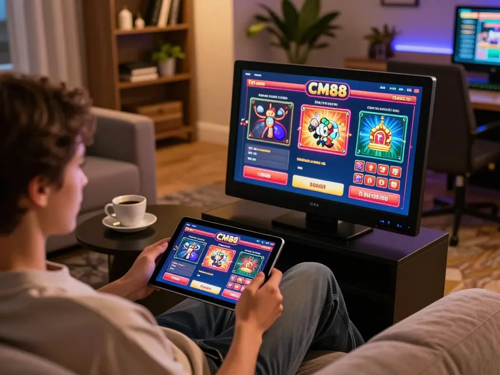 Engaging player at CM88 TRANG CHỦ using a tablet for online gaming in a cozy home setting.