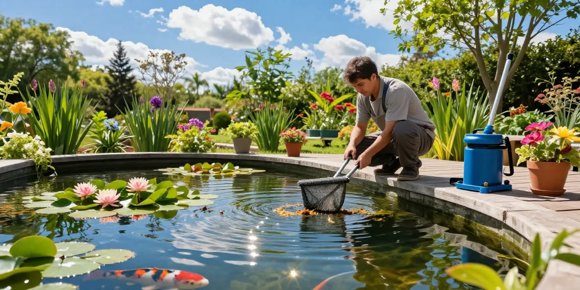 Pond Clean Essex service showcasing a professional gardener maintaining a clear pond, ensuring a beautiful aquatic ecosystem.