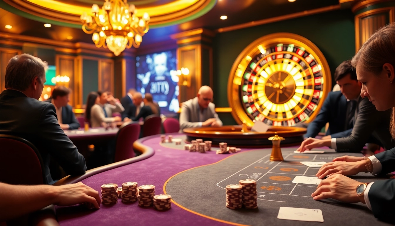Vivez l'excitation dans un casino en ligne luxueux avec des tables vibrantes et des joueurs engagés.