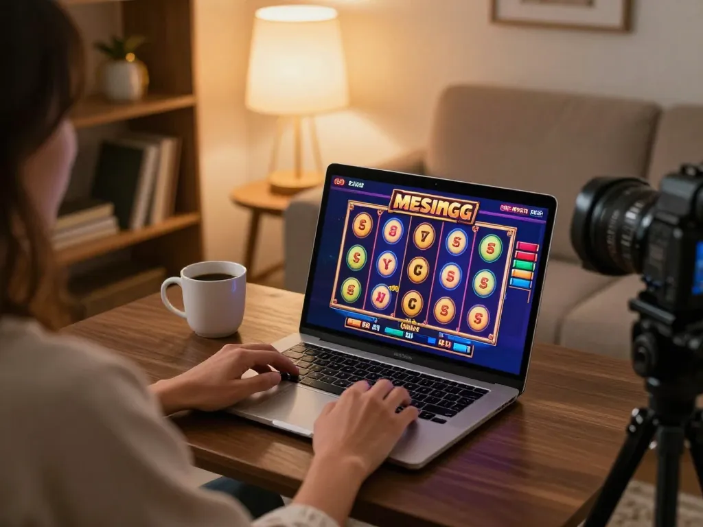 Engaging in Mesingg online slot gaming on a laptop in a cozy living room.