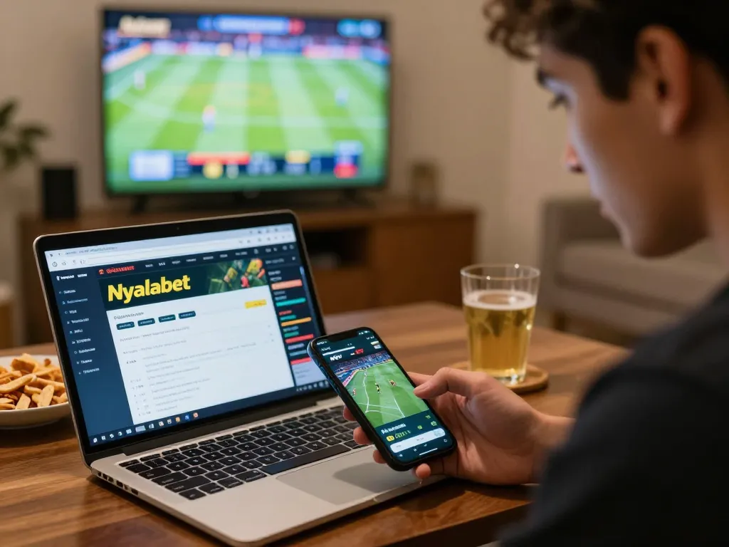 Nyalabet user engaged in sports betting at home, focused on live gaming stats.