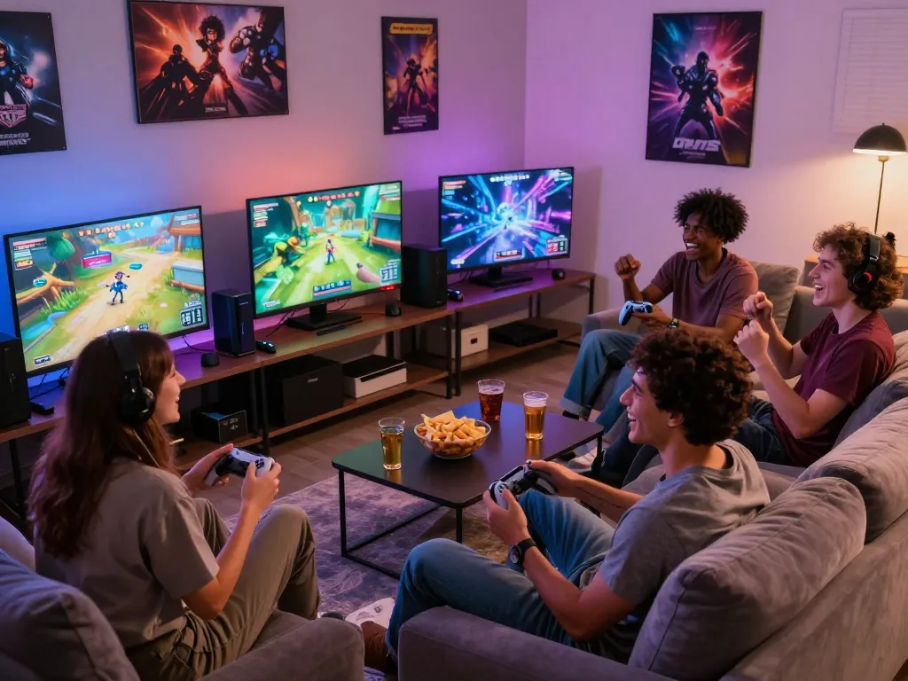 Friends enjoying xxx games in a lively living room setting with vibrant game displays.