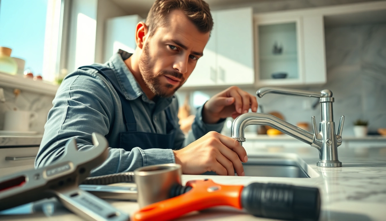 Contact qualified plumber near me working on a sink repair in a bright kitchen.