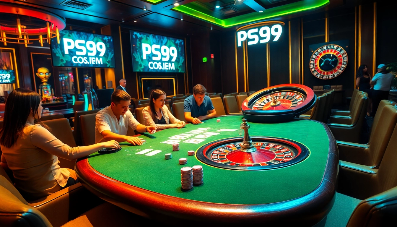 Players engaging in a thrilling game at the PS99 COM poker table amidst an elegant casino atmosphere.