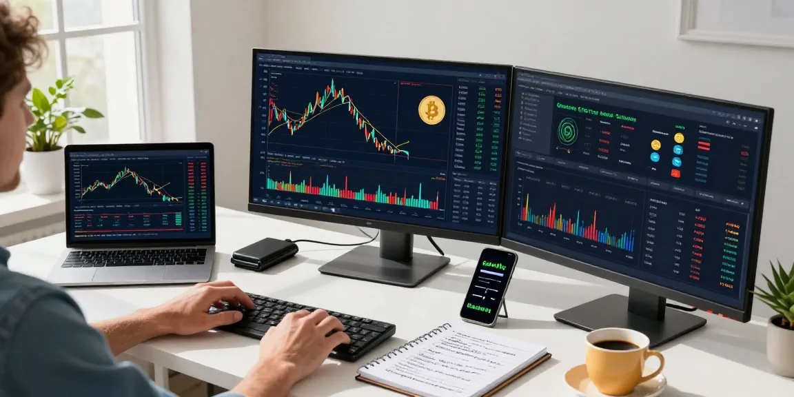 Green energy cloud mining analysis in an innovative crypto trading setup, showcasing cryptocurrency market trends and DeFi yields on multiple screens.