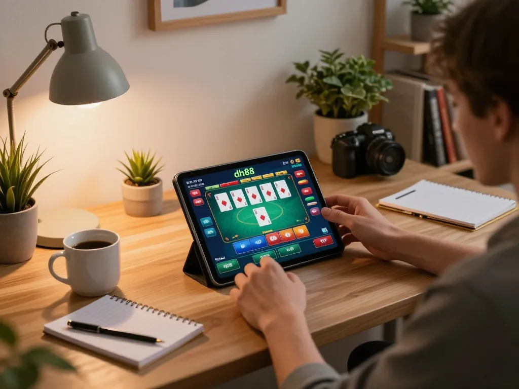 Engaging player enjoying dh88 game on tablet at home, surrounded by strategy notes and drinks.