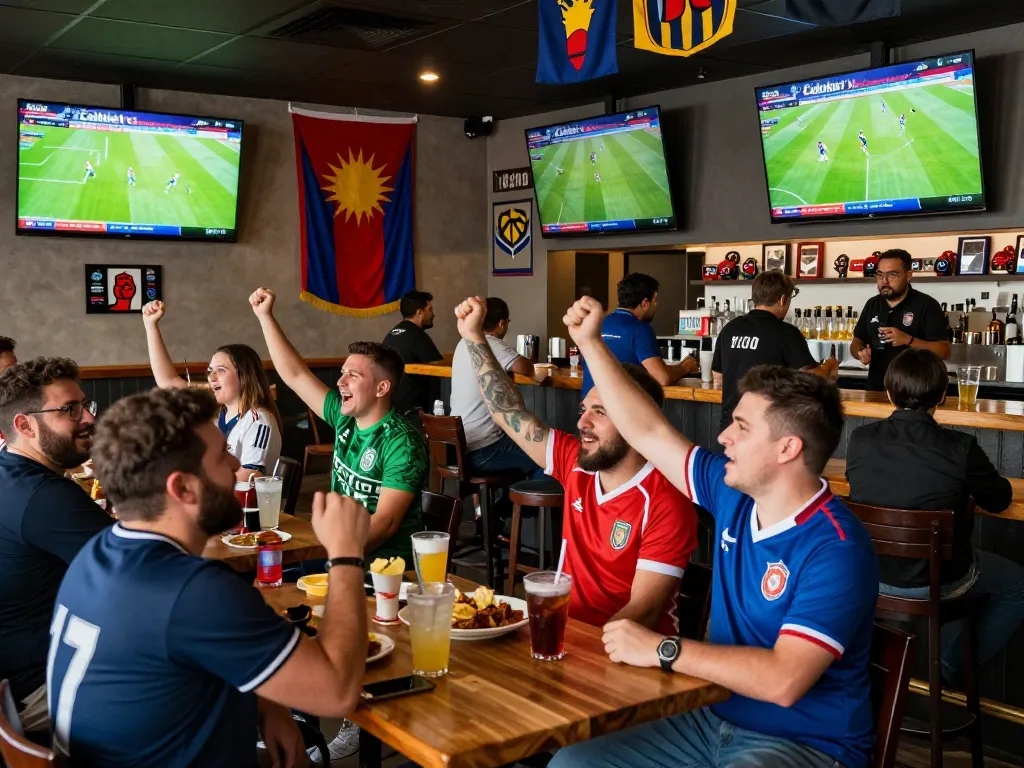 Cakhiatv live streaming at a sports bar with fans enjoying football match together.