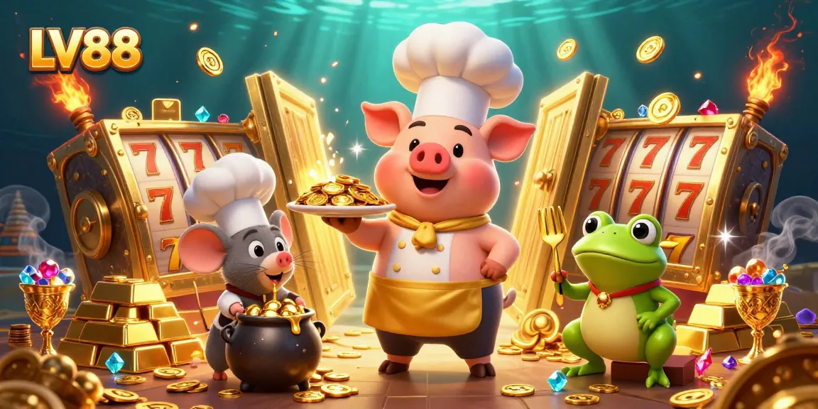 Engage in thrilling casino experiences at LV88 with golden coins, vibrant treasures, and engaging game elements.
