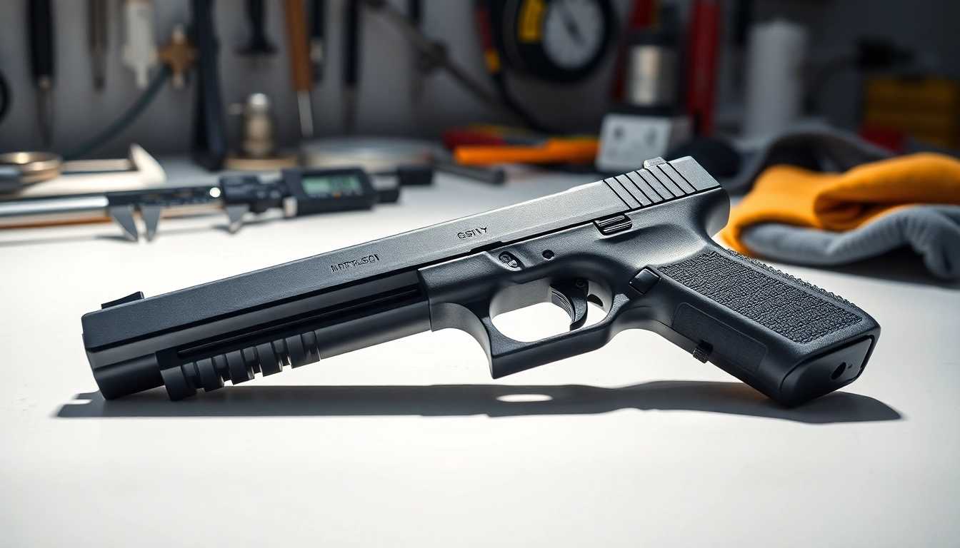 Showcased glock 43x slide with high-gloss finish on a workshop table.