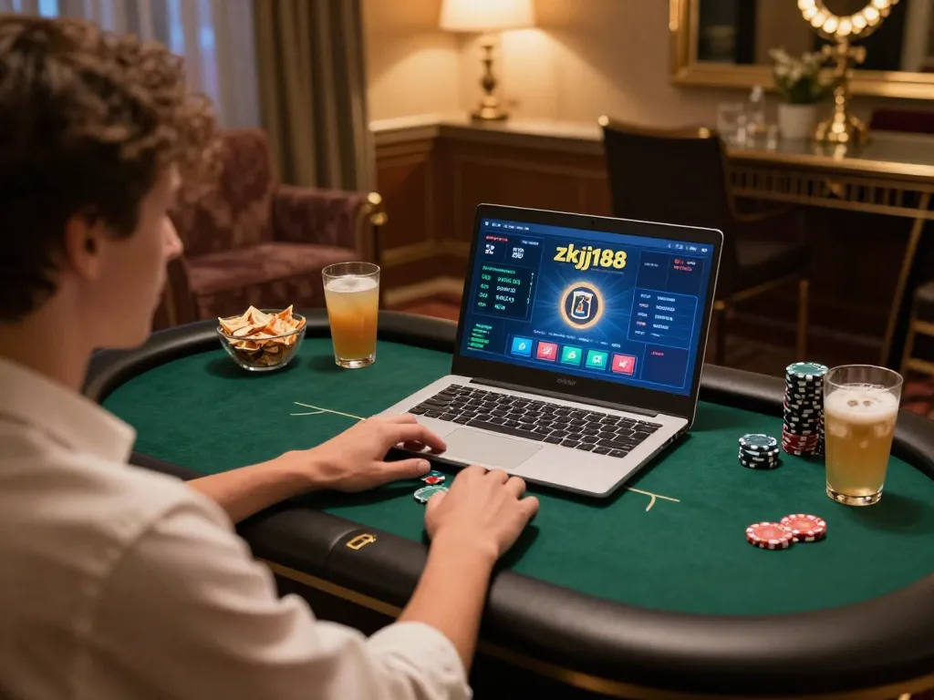Player engaging in a strategic poker game on zkjj188 with cozy home setup and responsible gaming elements.