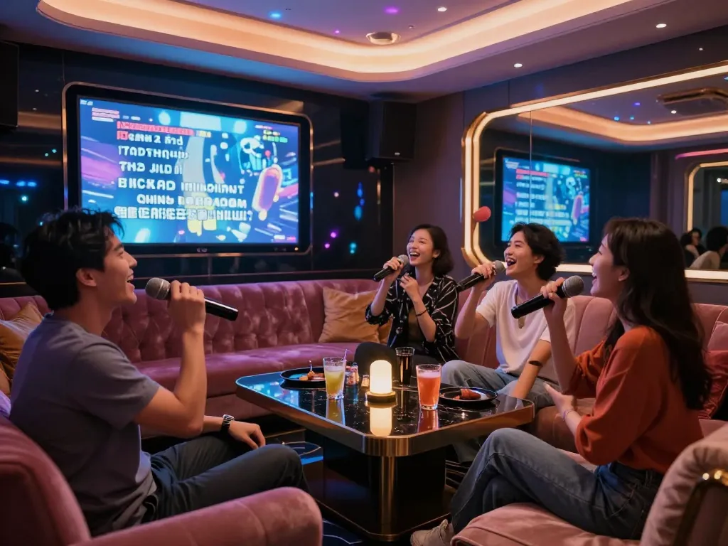 화려한 조명이 비치는 럭셔리 노래방 환경에서 www.gangnamtune.com/perfect에서 노래와 축하의 밤을 즐기는 모습.