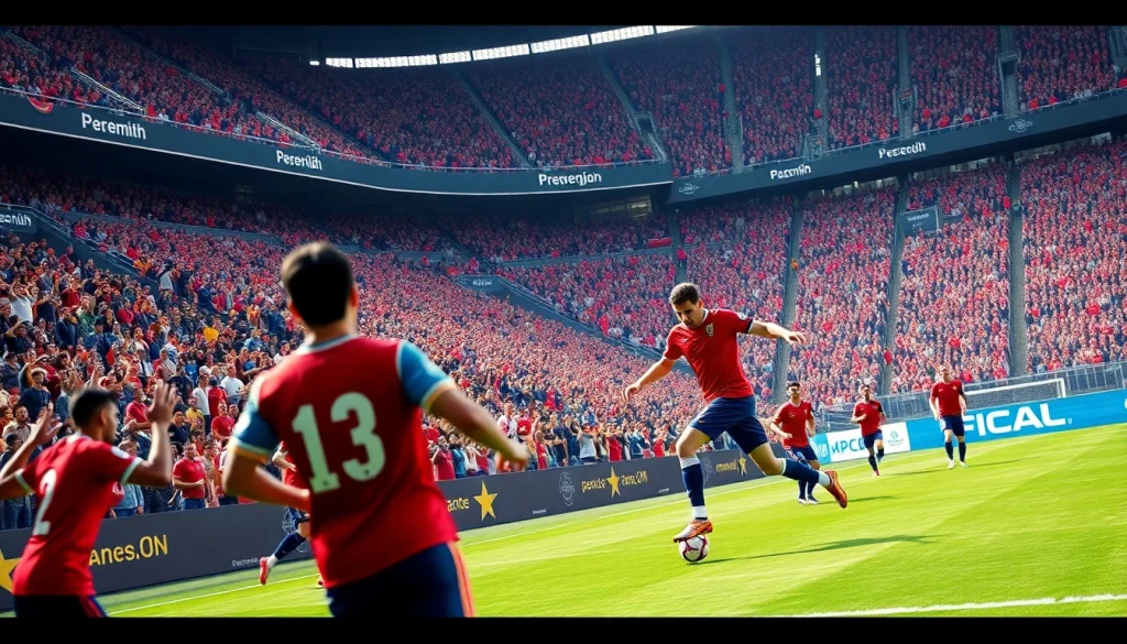 축구중계 중인 경기에서 선수들이 열정적으로 경쟁하는 장면