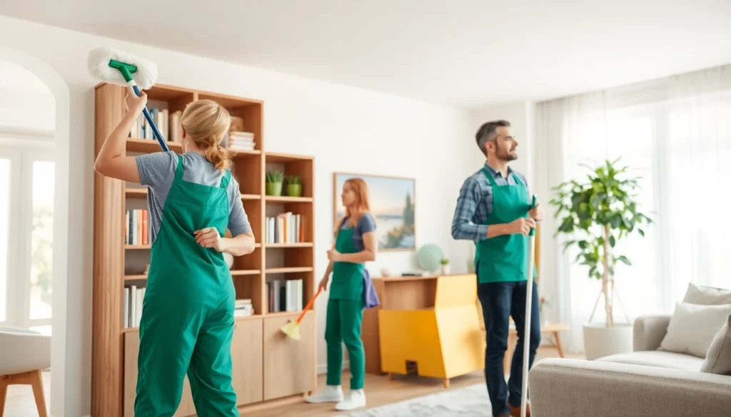 Performing a Cleaning Service with a professional team organizing and dusting in a bright home.