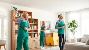 Performing a Cleaning Service with a professional team organizing and dusting in a bright home.