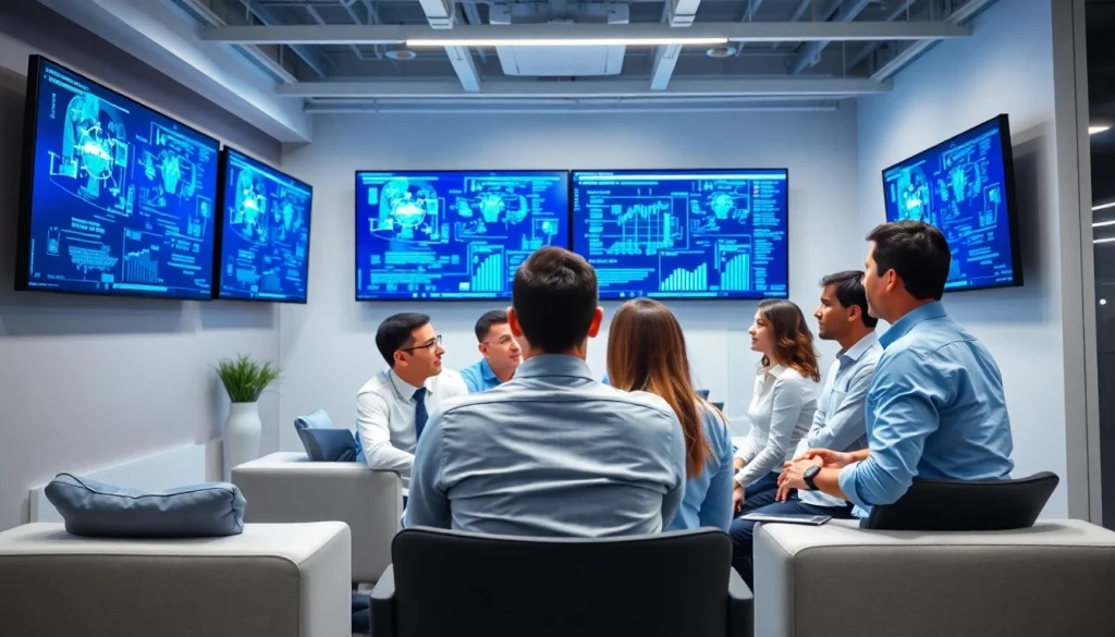 Engaged professionals in VMware Consulting discussing strategies and data insights in a high-tech environment.