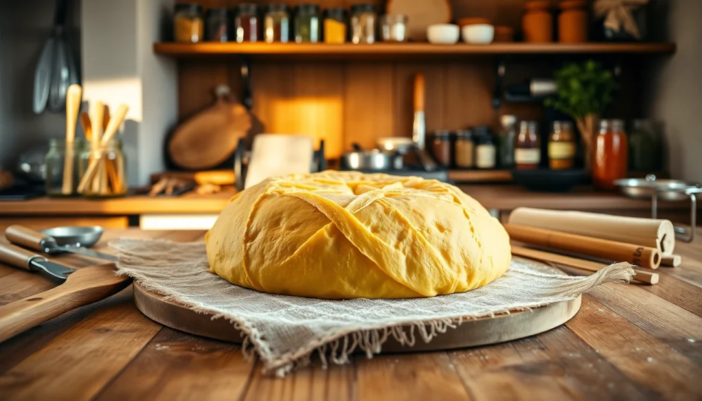 Kaasdoek droogt elegant op een houten werkblad, omringd door kaasbereidingstools en kruiden.