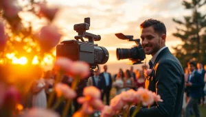 Professional videographers in Toronto capturing a beautiful wedding under a sunset.