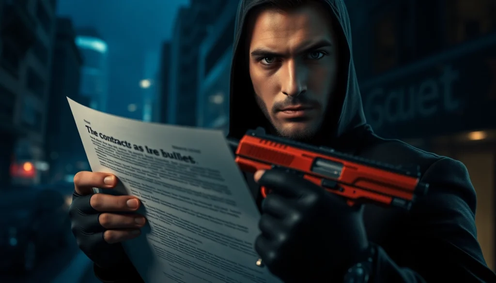 Engaging scene from Contracts and Bullets featuring an assassin with intense focus and a mysterious urban backdrop.