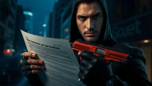 Engaging scene from Contracts and Bullets featuring an assassin with intense focus and a mysterious urban backdrop.