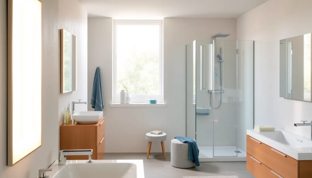 Aménagement élégant avec produits sirhona France dans une salle de bain moderne.