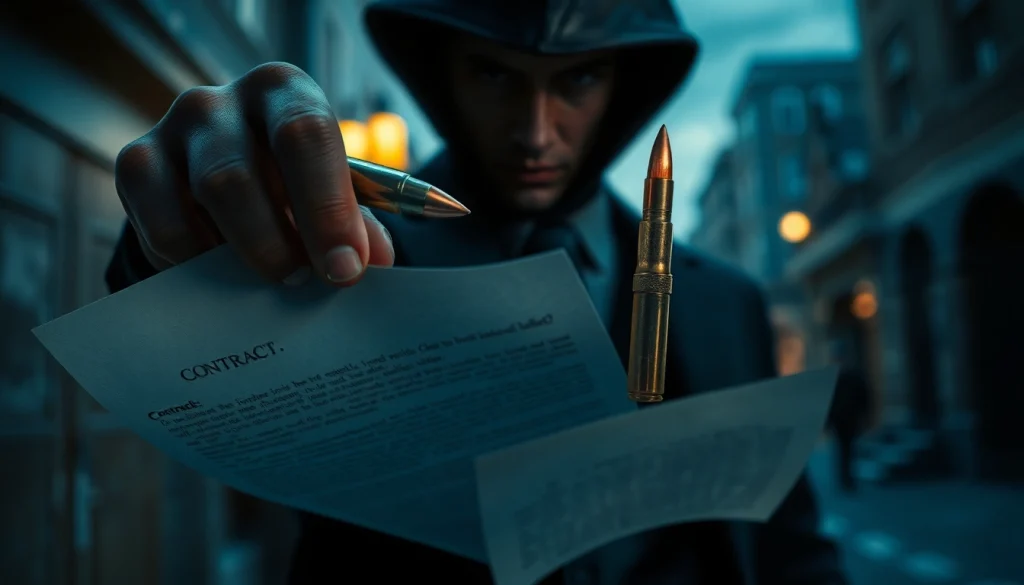 Contracts and Bullets illustrating a tense assassin scene with a contract and bullet, highlighting high-stakes decisions.