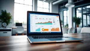 Engaging smm reseller panel interface on a laptop in a vibrant office setting.