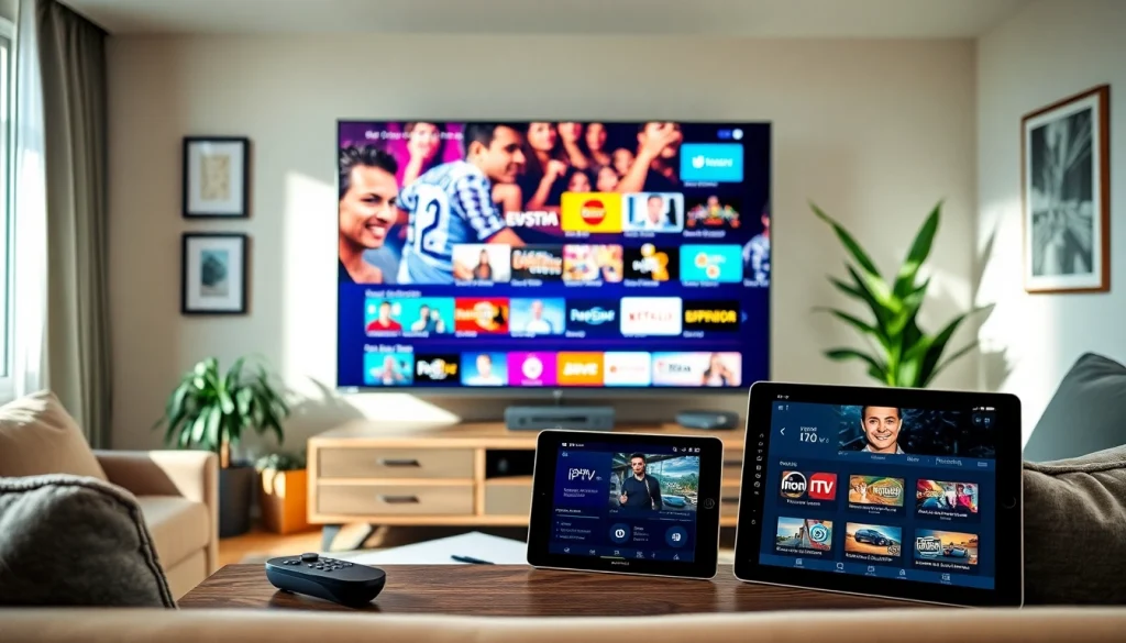 Enjoying iron iptv setup with a vibrant TV display and modern decor, showcasing streaming options.