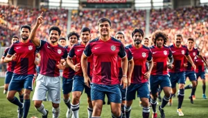 Team kit on diverse players in dynamic action, showcasing teamwork and energy in a vibrant sporting environment.