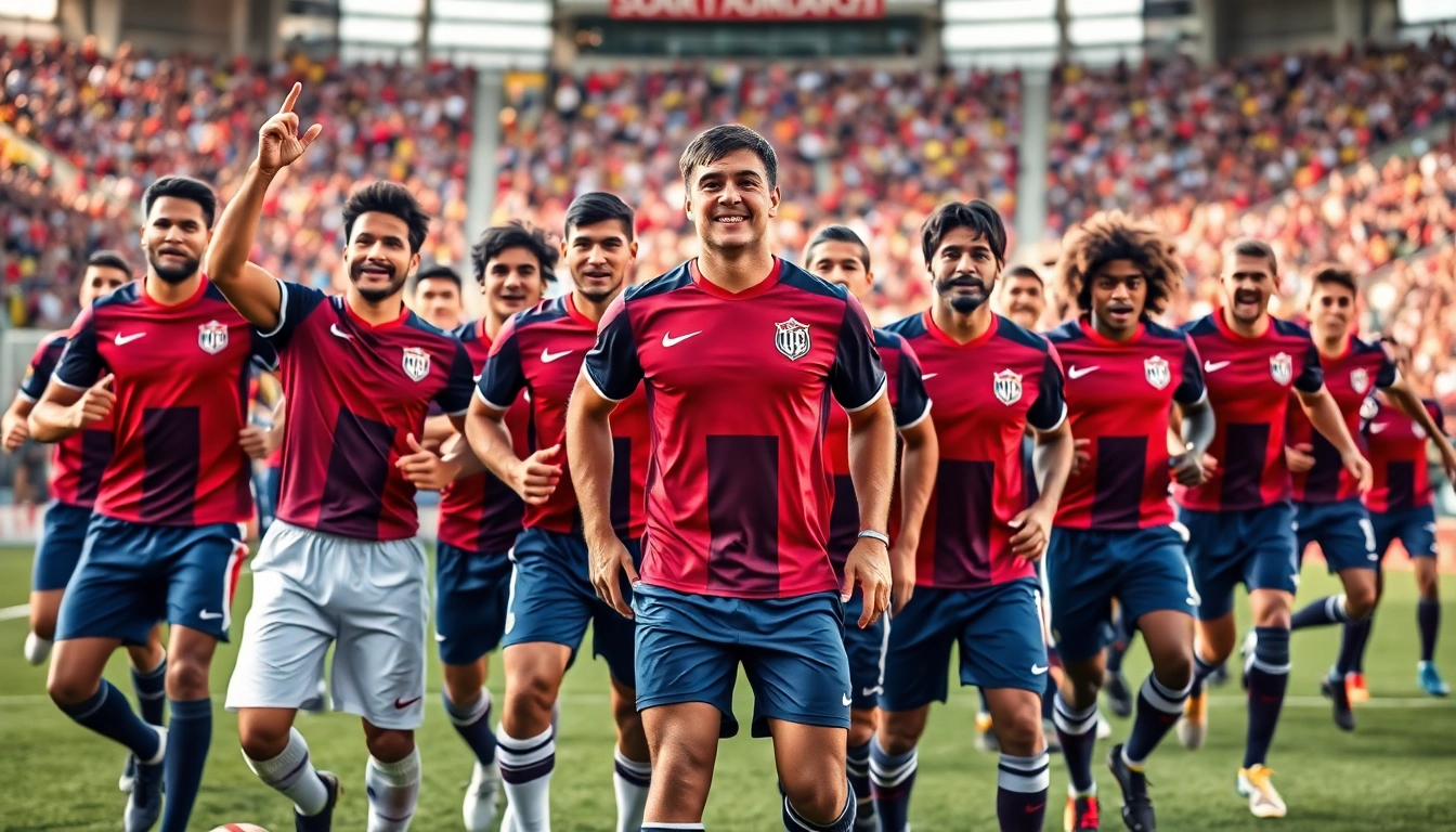 Team kit on diverse players in dynamic action, showcasing teamwork and energy in a vibrant sporting environment.