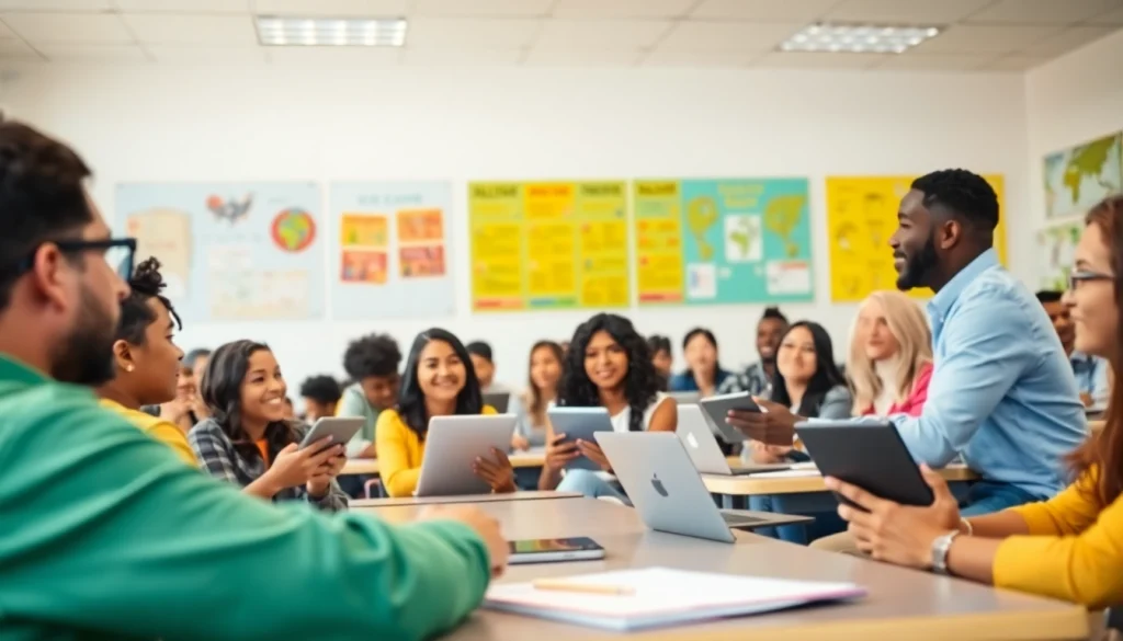 Students engaging in a vibrant Education setting with modern technology and collaborative activities.