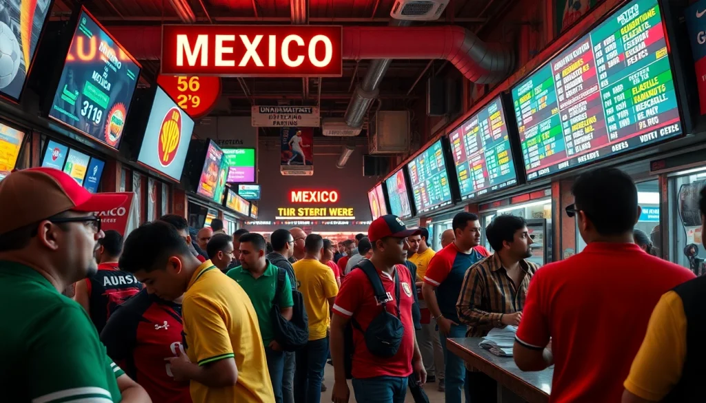 Engage in sports betting in Mexico with vibrant scenes showcasing excited bettors in action.
