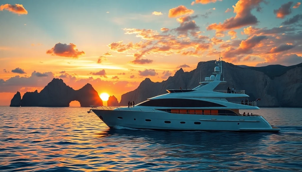 Experience Cabo sunset cruise deals with stunning views from a luxury yacht against a vibrant sunset.