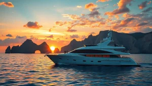 Experience Cabo sunset cruise deals with stunning views from a luxury yacht against a vibrant sunset.