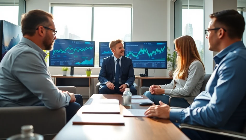 Engaging scene of investment management San Antonio with financial advisor and clients collaborating.