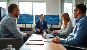 Engaging scene of investment management San Antonio with financial advisor and clients collaborating.