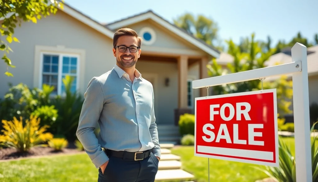 Real Estate agent interacting with buyers in front of a vibrant new home for sale.