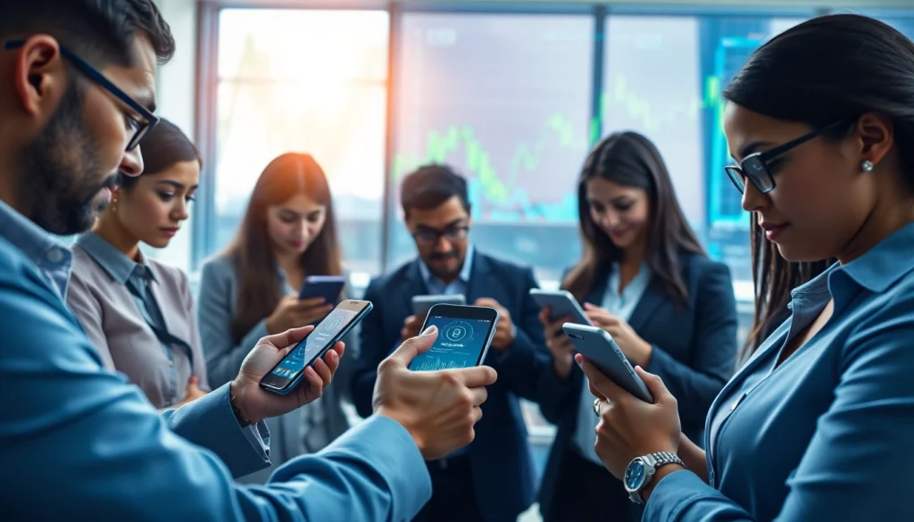 Group of professionals engaging with a crypto mining app in a vibrant, digital environment.