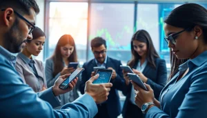 Group of professionals engaging with a crypto mining app in a vibrant, digital environment.