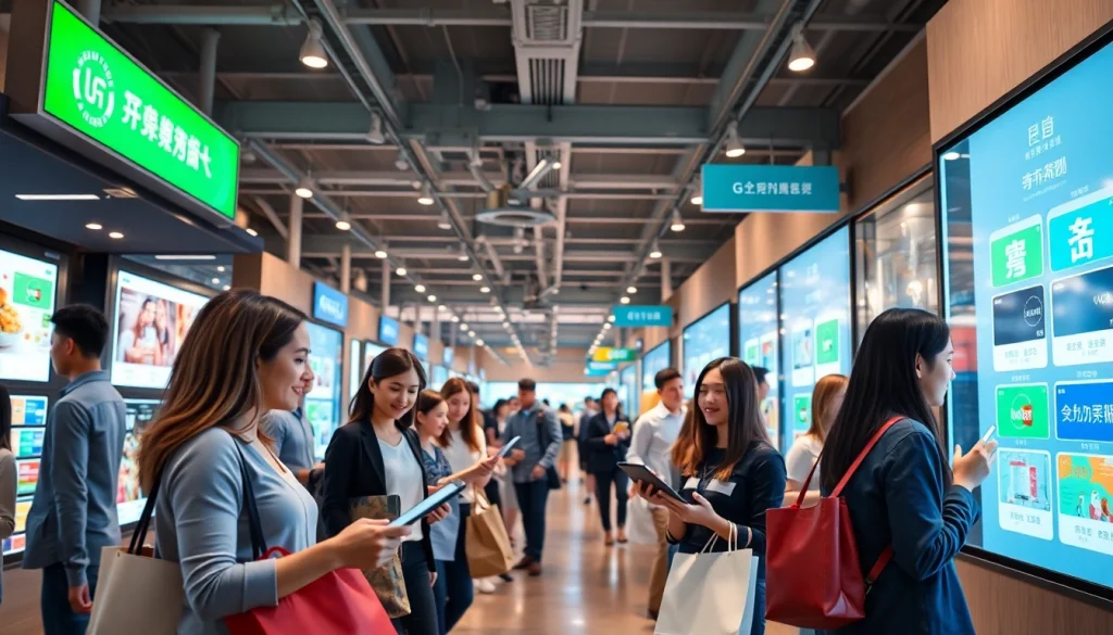 다양한 쇼핑객이 있는 현대 디지털 마켓플레이스에서 상품권카드를 선보이는 매력적인 장면.